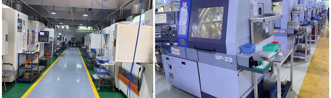 精密CNC加工工場のスイス型旋盤 精密CNC加工工場のフロア:スイス型旋盤が高速金属切削を実行